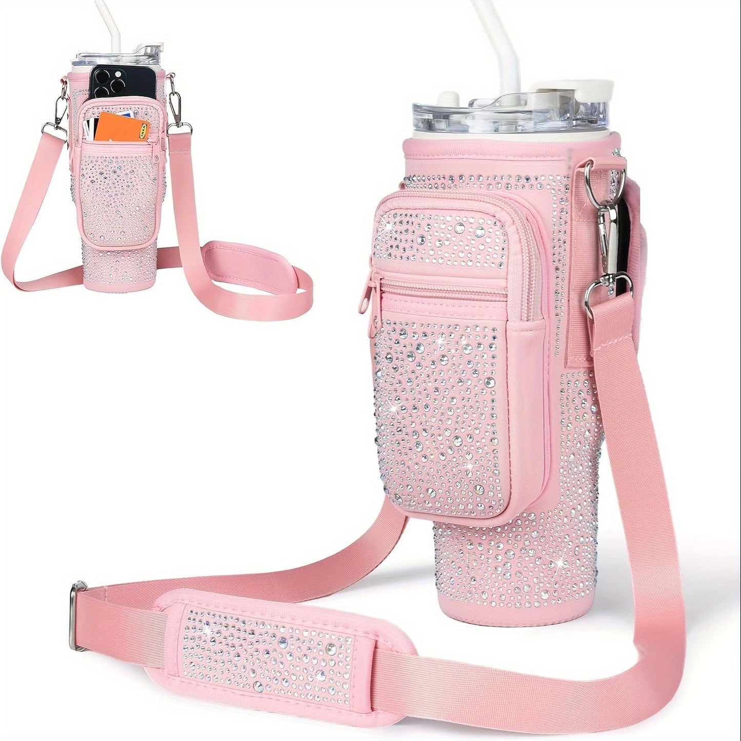 Neoprene Tumbler Carrier Bag with Phone Pocket & Adjustable Shoulder Strap – Fits 30 & 40 oz Tumblers, Clip-On Water Bottle Holder for Hiking, Camping & Outdoor Sports, 4 Colors