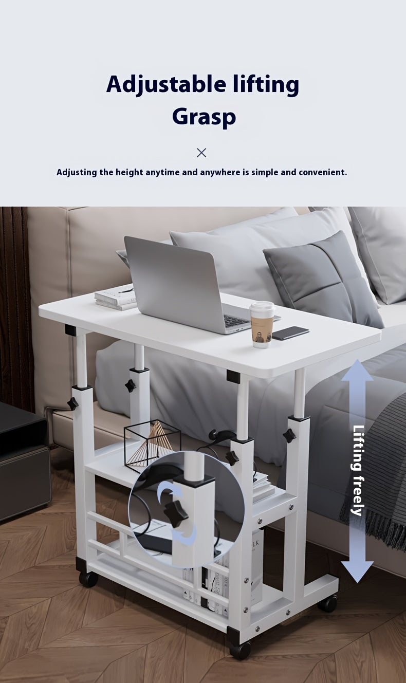 3-Tier Rolling Folding Desk with Wheels Height Adjustable Expandable Desktop Storage Shelf for Laptop Study Home Office Bedroom Living Room Computer Table