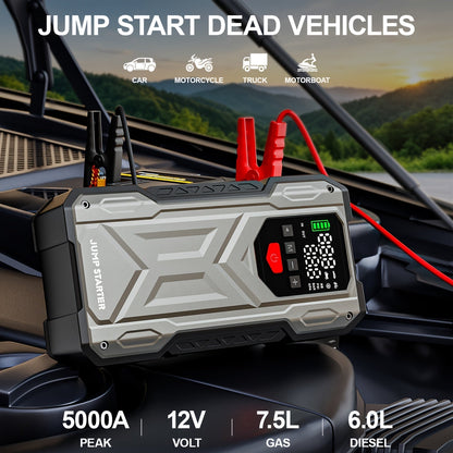 5000A Car Jump Starter with 150PSI Air Compressor – 12000mAh Portable Battery Booster Pack, Digital Tire Inflator, USB-C & USB-A, LED Emergency Light for 12V Gas & Diesel Engines