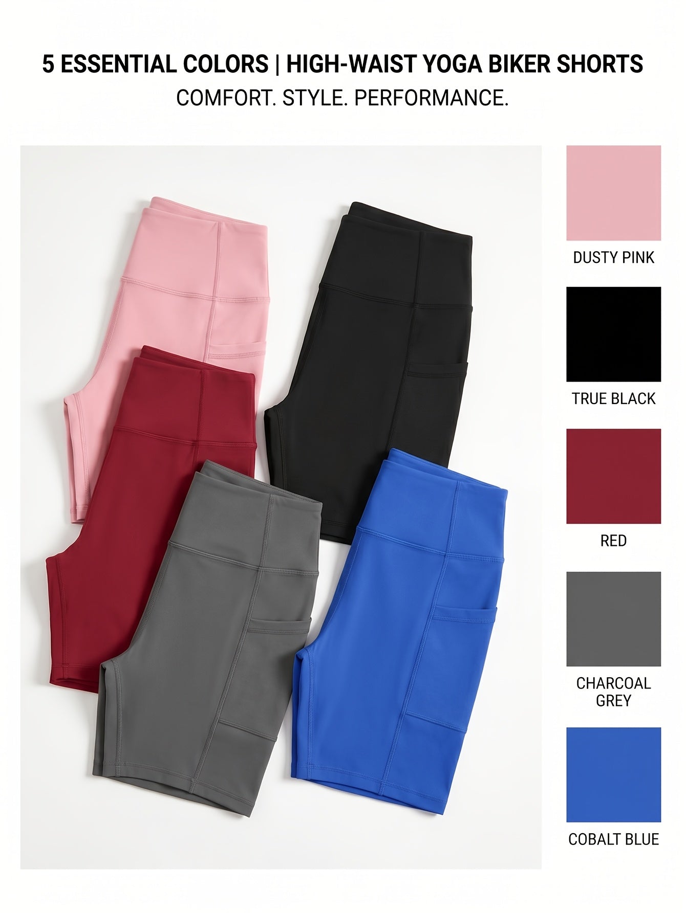 Women's High-Waisted Cycling Shorts 5-Pack with Pockets – Yoga Gym Running Workout Shorts, Stretch Polyester Fabric, Sizes M to XXL, Mixed Colors Set for Active Women