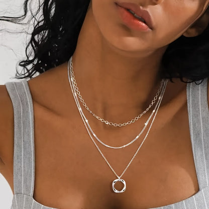 925 Sterling Silver Multi-Layer Necklace with Round Pendant – Trendy Stacking Design for Women & Girls, Elegant Layered Jewelry for Party, Vacation & Gift