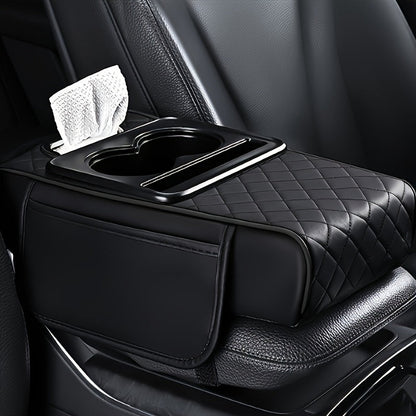 PU Leather Car Center Console Mat & Armrest Box Cover | Universal Fit, 2 Side Pockets, 2 Cup Holders, Phone & Card Storage, Tissue Box Replacement – Black, Grey, Red, Beige, Brown, Cream