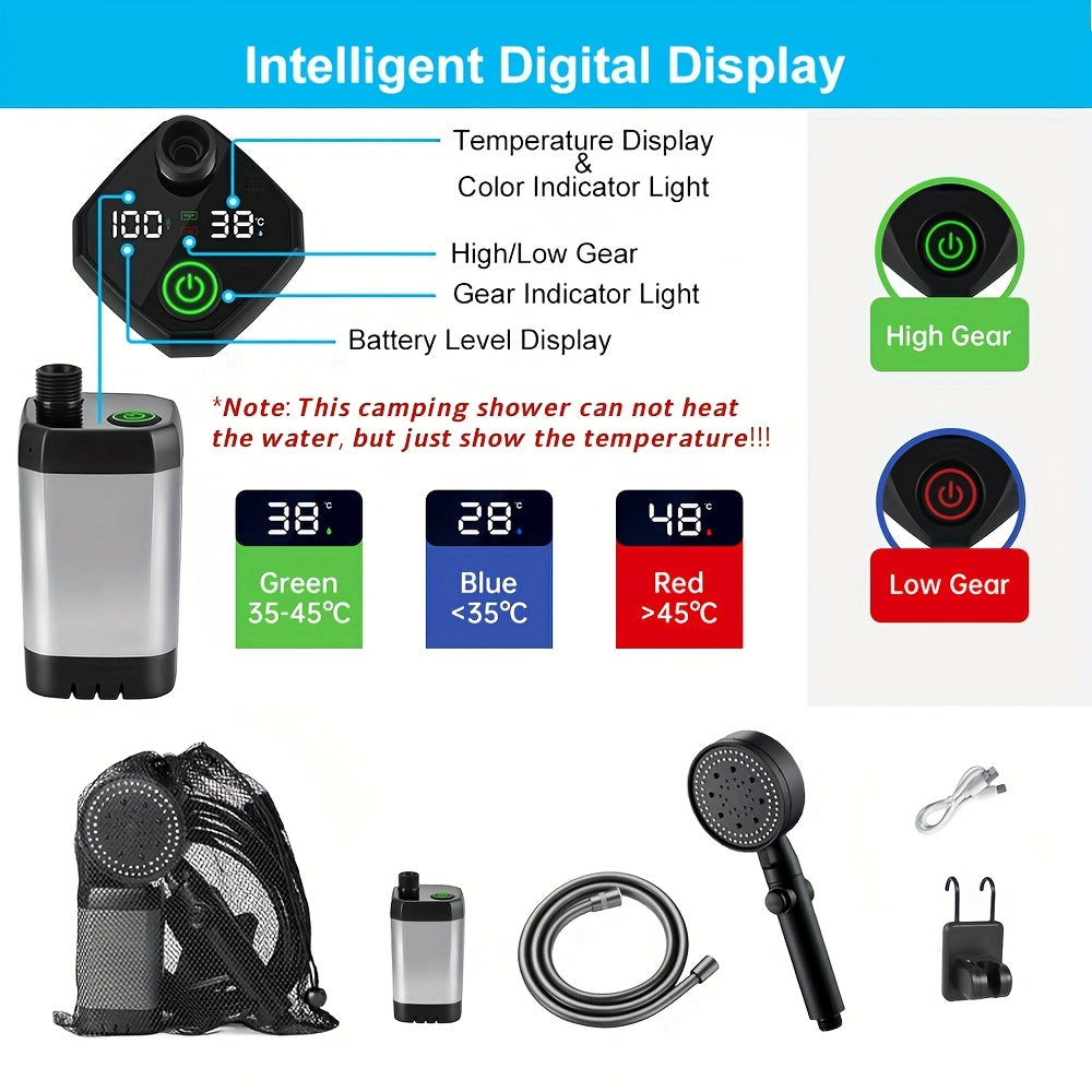 Portable Camping Shower 6000mAh Battery 120-Min Runtime 6 Spray Modes Smart Temperature Display – Lightweight Outdoor Shower Pump for Camping, Hiking, Pet Cleaning, Car Washing & Beach