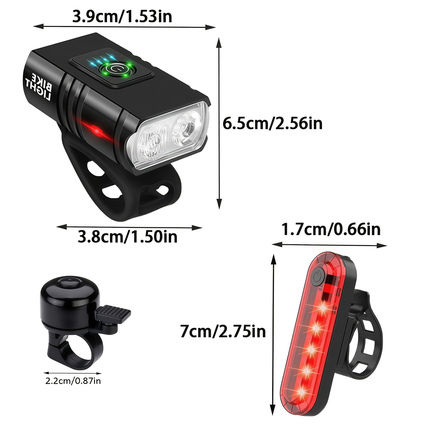 Super Bright USB Rechargeable Bike Light Set – LED Front Headlight 1200mAh & Rear Taillight 330mAh, 6+4 Modes, 180° Wide Beam, Safety Bell Included, for Mountain Road & Night Cycling