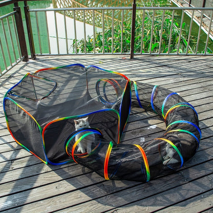 Rainbow Cat Playpen Outdoor Cat Enclosure with Circle Tunnel and Portable Pop-Up Tent, Foldable Cat Playground for Cats Kittens and Small Animals Indoor Outdoor Use
