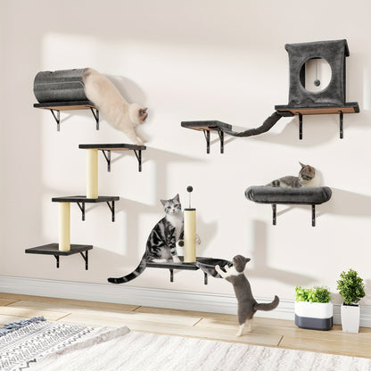 Wall Mounted Cat Climbing Shelf Set 7-Piece – Deluxe Indoor Cat Furniture with Condo, Shelves, Scratching Post, Bridge Ladder & Tunnel for All Cat Sizes