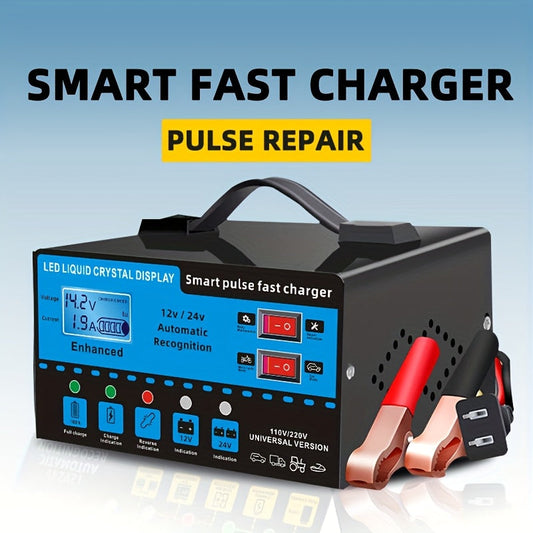 12V 24V Smart Battery Charger with LCD Display – Intelligent Trickle Charging, Overcharge & Short Circuit Protection, Universal Fit for Car, Truck, Motorcycle, Yacht & RV Batteries, Automatic Battery Maintainer & Conditioner