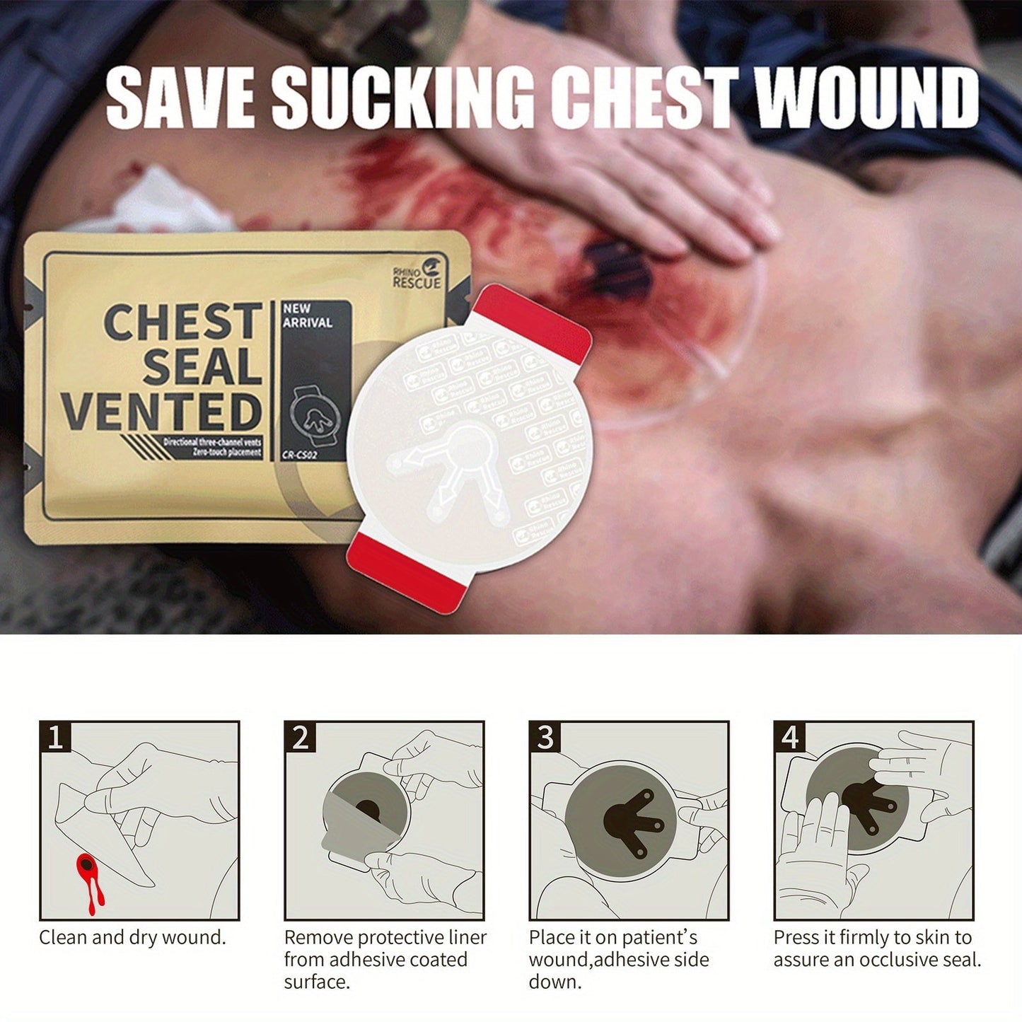 RHINO RESCUE Non-Vented Chest Seal Emergency Trauma Dressing – Portable IFAK Medical Supply for Sucking Chest Wounds, PA Nylon, FSA/HSA Eligible, Yellow