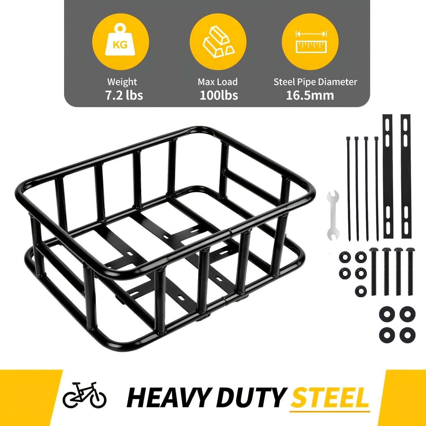 Heavy-Duty Iron Bike Basket – Large, Folding & Basic Removable Rear Bicycle Basket for Most Bikes & E-Bikes, Frame Mount, Black – for Groceries, Pets & Daily Commuting