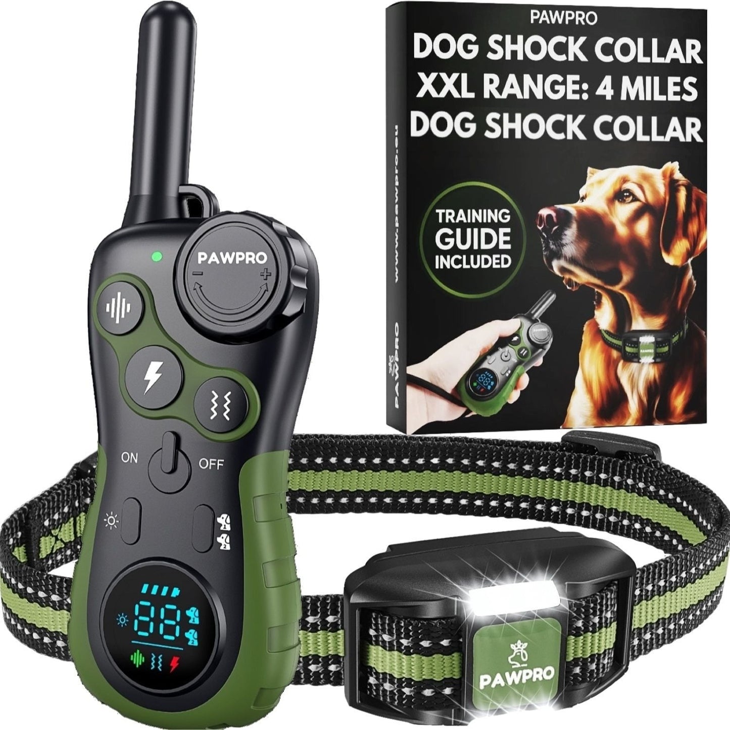 Dog Training Collar with Remote 4-Mile Range – 124 Adjustable Levels 4 Modes Beep Vibration Shock Night-Light Rechargeable E-Collar for Dogs 5–135 lbs with Training Guide