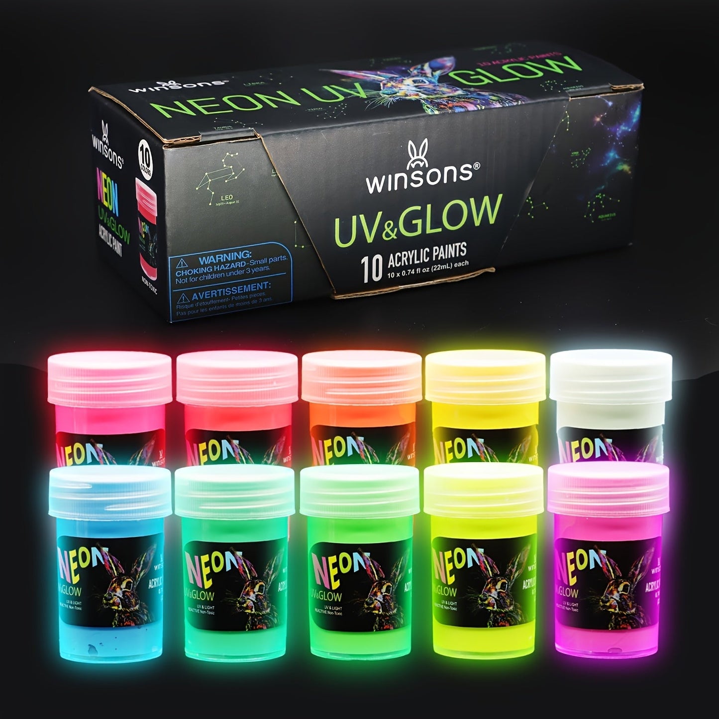 Glow in the Dark Paint Set 10 Colors 22ml Neon UV Acrylic Paint 2-in-1 Charge Glow and UV Activated for Rock Painting Canvas Craft Holiday Decor Christmas Gift