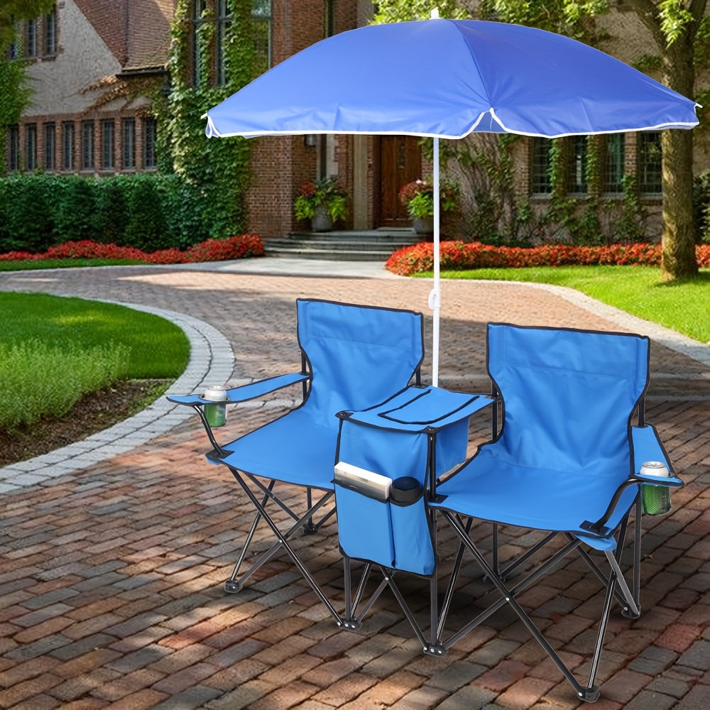 2-Person Outdoor Folding Chair with Removable Sun Umbrella – Portable Loveseat Camping Chair with Handrails for Fishing Beach Sunbathing Picnic
