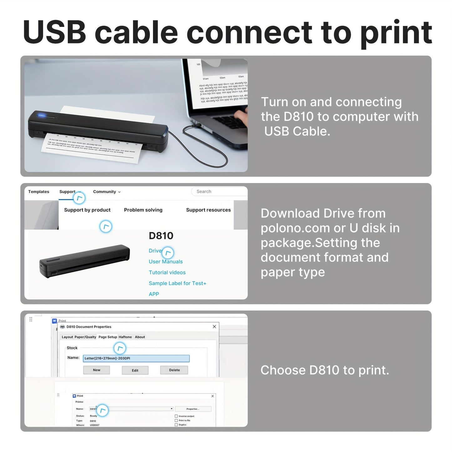 Portable Inkless Thermal Printer Wireless – D810B A4 & US Letter 8.5x11 Mobile Printer, 200 Sheets Per Charge, Compatible with iPhone Android & Laptop, for Home Office School Travel, Includes 20 Sheets