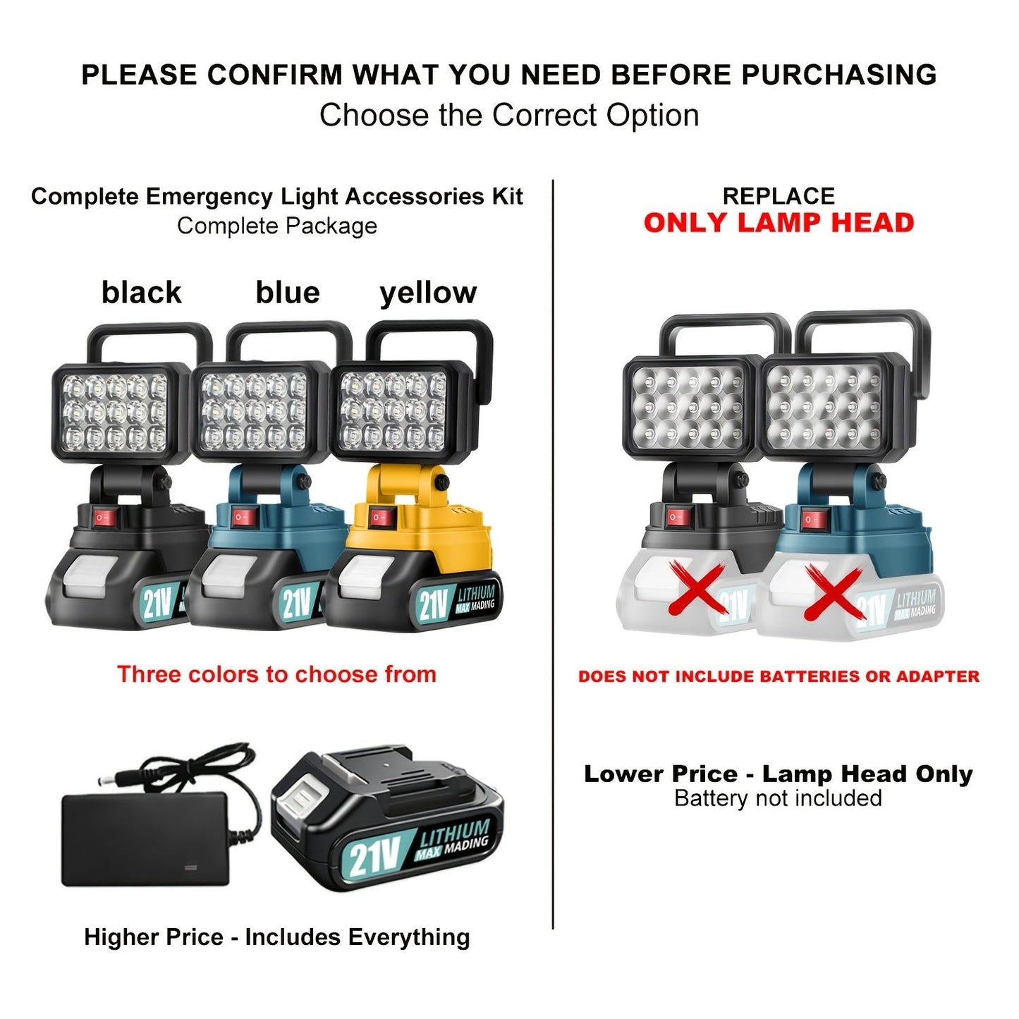 LED Work Light Compatible with Makita 21V Battery – High Brightness Portable Camping Lantern Flashlight, IP4X Waterproof, Smart Battery Protection, Emergency Light for Power Outage, Hurricane & Hiking, Black Yellow Blue