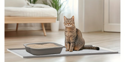 XXL Silicone Cat Litter Mat 3-in-1 – Washable Non-Slip Floor Protector with Raised Edges, Traps Litter, Kibble & Crumbs, Foldable Pet Feeding Mat for Cats, 34x22 Inch, Light Grey & Dark Gray