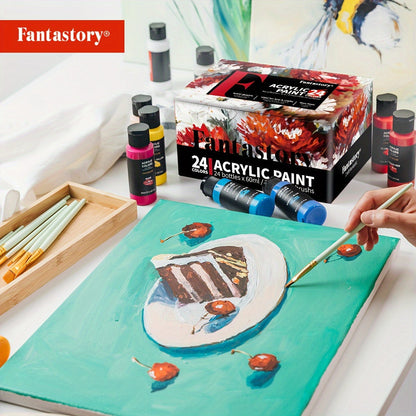 Professional Acrylic Paint Set 24 Colors 2oz/60ml Large Volume with 12 Brushes – Rich Pigment Thick Acrylic Paints for Canvas, Wood, Rock, Glass & Ceramic – Art Supplies for Beginners & Artists