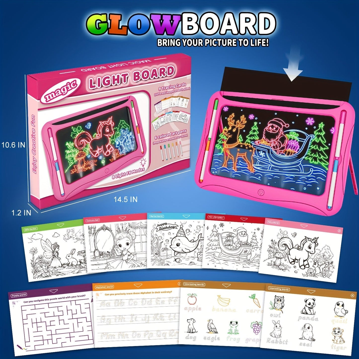 LED Light-Up Drawing Doodle Board for Kids Ages 3-8 – Glow Writing Art Set with 9 Double-Sided Cards & 6 Markers, Educational Learning Travel Toy, Birthday & Christmas Gift for Girls Boys