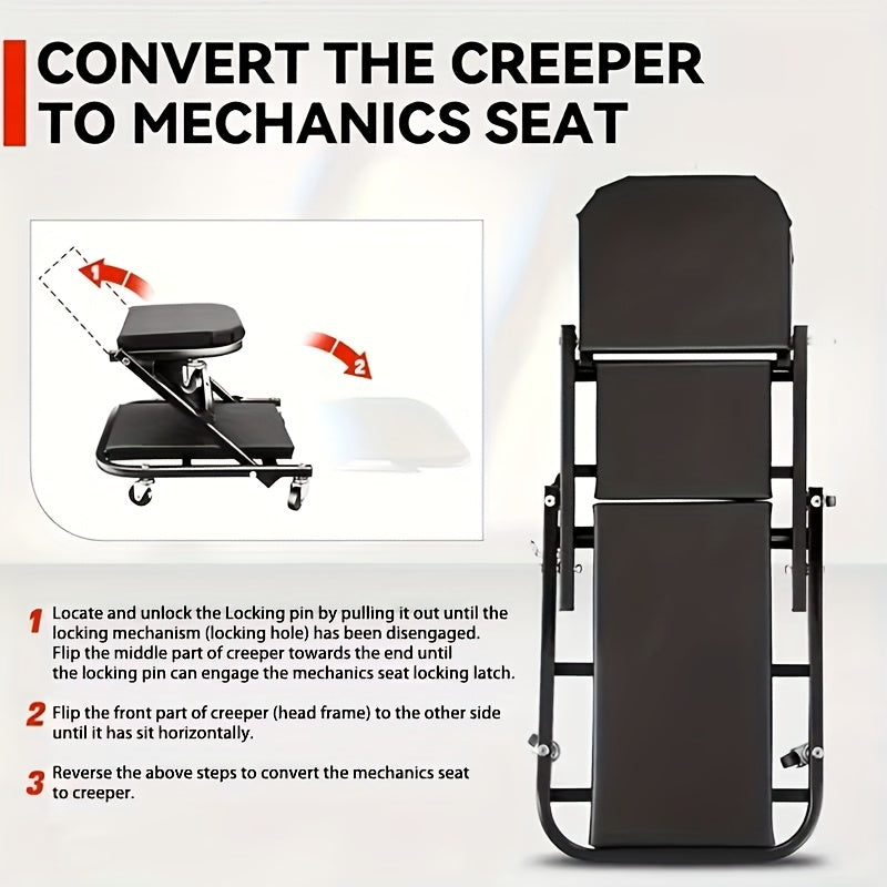 Mechanic Creeper Stool Z-Shape | Foldable 3-in-1 Crawler, Non-Foldable & Sliding Stool | 300LB Capacity, 6 Swivel Casters, Thick Padded Cushion – Garage Rolling Seat, Gift for Men – Red & Grey