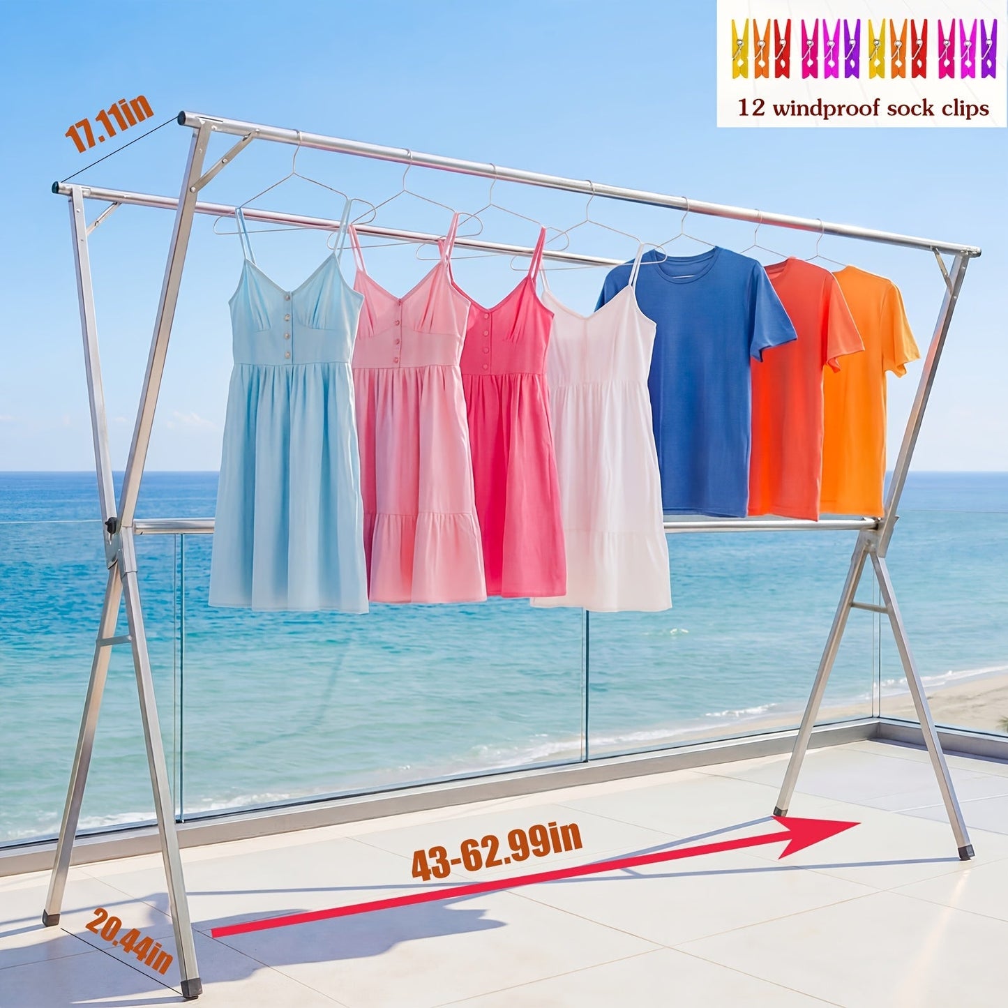 Collapsible Clothes Drying Rack – Heavy Duty Stainless Steel Laundry Drying Rack for Indoor & Outdoor Use, Adjustable Clothesline Rack with Clips, 63" & 79" Sizes