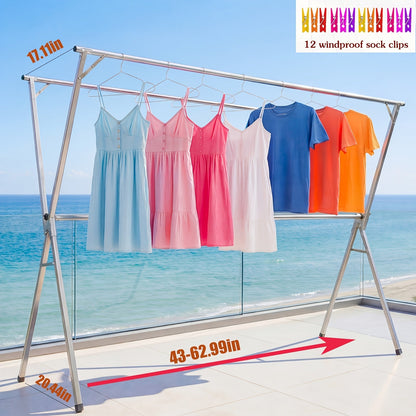 Collapsible Clothes Drying Rack – Heavy Duty Stainless Steel Laundry Drying Rack for Indoor & Outdoor Use, Adjustable Clothesline Rack with Clips, 63" & 79" Sizes