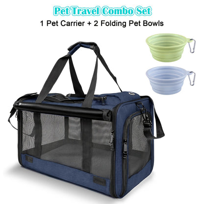 Airline Approved Pet Carrier Soft Sided – Breathable Collapsible Travel Bag for Cats & Small Dogs with Accessories Bundle Collar Bowls or Pet Glove 10 Colors Pink Blue Black Gray Navy Green Orange