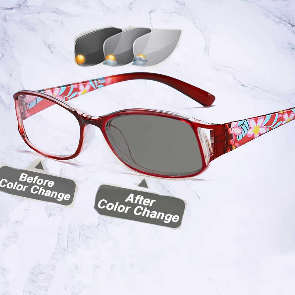 3-Pack Women's Photochromic Reading Glasses Floral Frame Anti Blue Light Lightweight Color Changing Lenses Indoor Outdoor +100 to +400