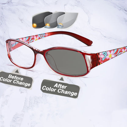 3-Pack Women's Photochromic Reading Glasses Floral Frame Anti Blue Light Lightweight Color Changing Lenses Indoor Outdoor +100 to +400