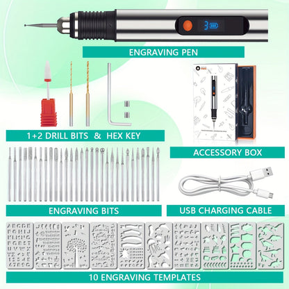 Electric Engraving Pen Kit 57 Accessories - USB Rechargeable Cordless Engraver with 21000 RPM, 3-Speed Control, 90-Min Battery, for Metal, Glass, Wood, Stone & Jewelry - DIY Craft Gift