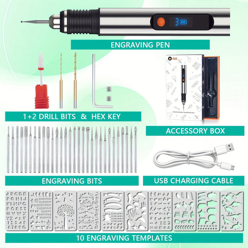 Electric Engraving Pen Kit 57 Accessories - USB Rechargeable Cordless Engraver with 21000 RPM, 3-Speed Control, 90-Min Battery, for Metal, Glass, Wood, Stone & Jewelry - DIY Craft Gift