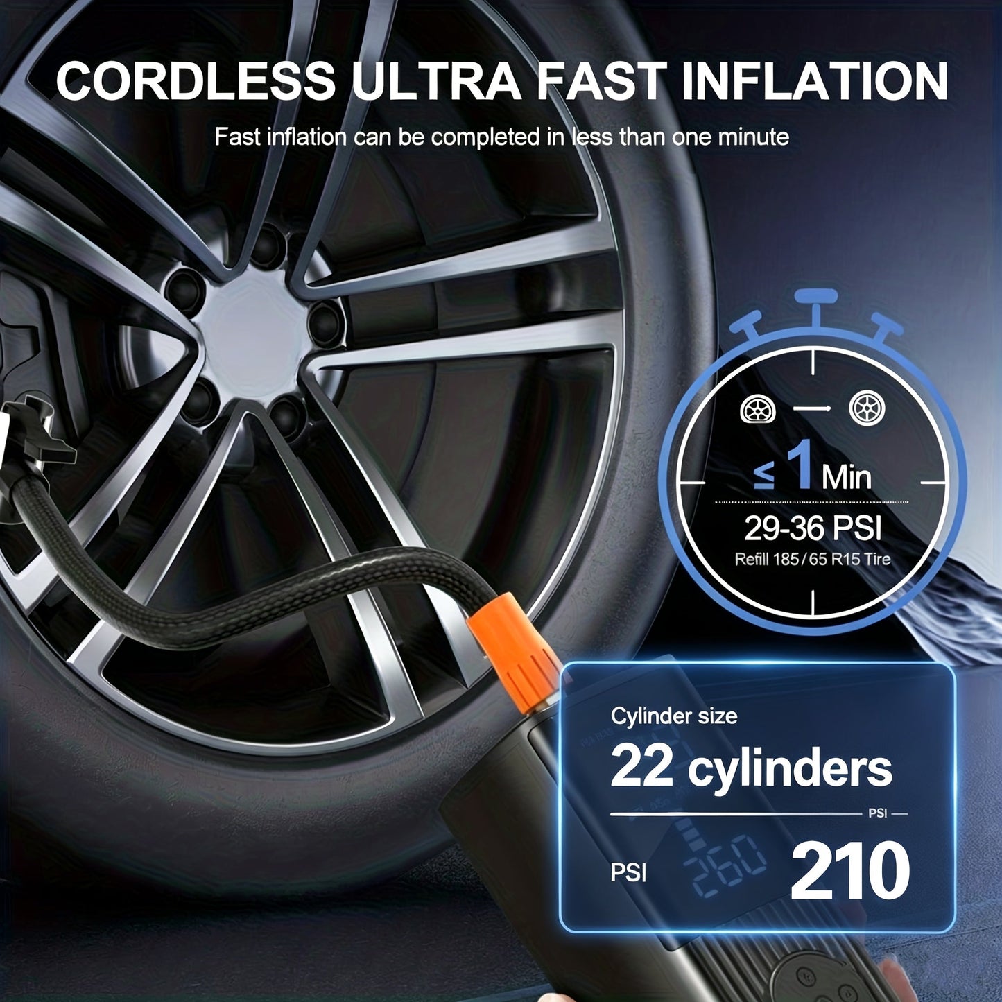 Portable Tire Inflator 210PSI Cordless with Digital Pressure Gauge, Rechargeable Battery & LED Light – Wireless Air Pump for Car, Motorcycle, Bicycle & Sports Balls – Velora