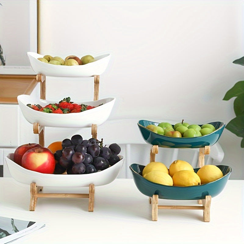 2-3 Tier Fruit Bowl Stand Kitchen Counter Organizer | Tiered Fruit Basket Bread Tray Candy Display | Space-Saving Countertop Storage | Easy Assembly | White Green | Birthday Housewarming Gift
