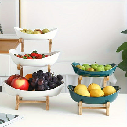 2-3 Tier Fruit Bowl Stand Kitchen Counter Organizer | Tiered Fruit Basket Bread Tray Candy Display | Space-Saving Countertop Storage | Easy Assembly | White Green | Birthday Housewarming Gift