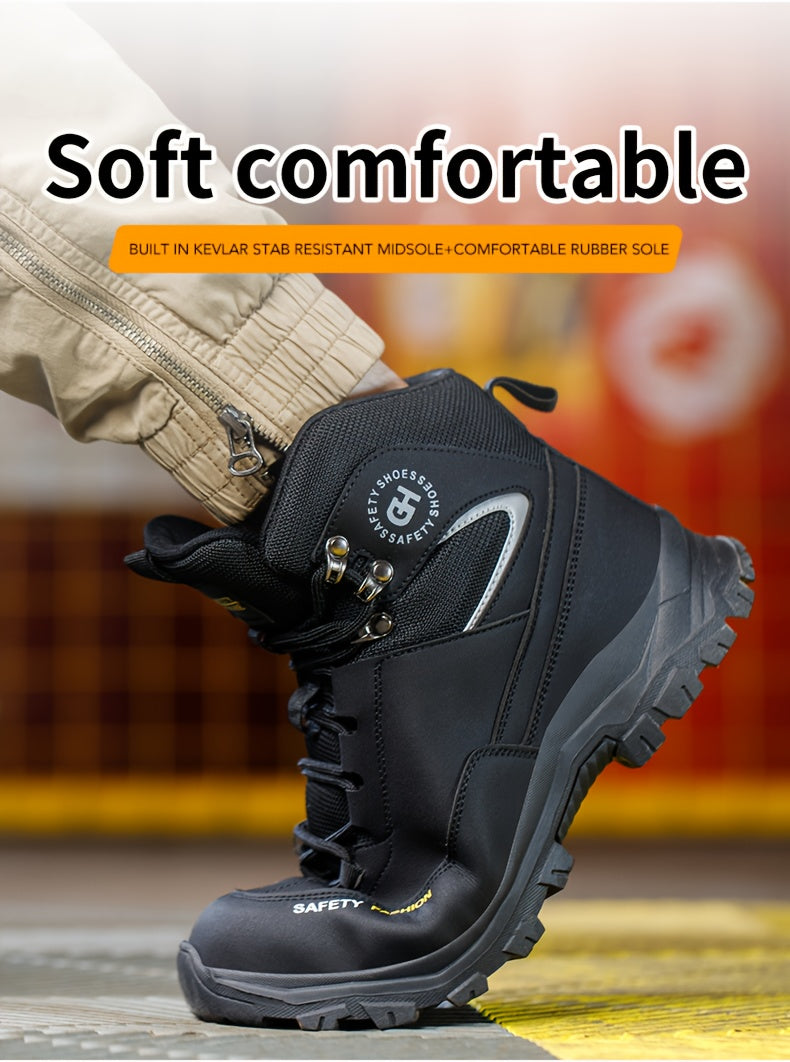 Steel Toe Work Boots for Men Heavy Duty All-Terrain Rubber Sole Cushioned Insole Arch Support Four-Season Construction Industrial Farm Outdoor Boots Black Army Green Sizes US 6-11
