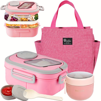 2-Layer Bento Lunch Box Set with Cup & Insulated Lunch Bag – Multi-Grid Leakproof Food Container for School, Office & Picnic, Choose Salad, Coffee, Milk or Soup Cup, Pink Green Blue White