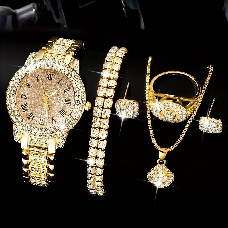 Women's Rhinestone Fashion Watch Jewelry Set – Gold Tone Wristwatch with Matching Ring, Necklace, Earrings & Bracelet, Elegant Ladies Casual Dress Watch Gift Set
