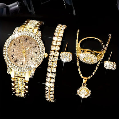 Women's Rhinestone Fashion Watch Jewelry Set – Gold Tone Wristwatch with Matching Ring, Necklace, Earrings & Bracelet, Elegant Ladies Casual Dress Watch Gift Set