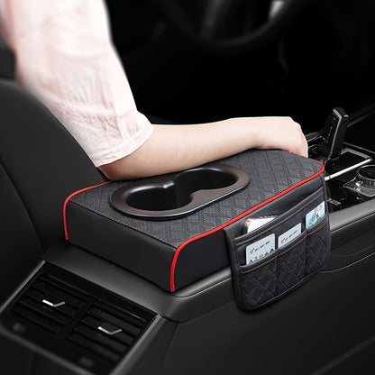 PU Leather Car Center Console Mat & Armrest Box Cover | Universal Fit, 2 Side Pockets, 2 Cup Holders, Phone & Card Storage, Tissue Box Replacement – Black, Grey, Red, Beige, Brown, Cream