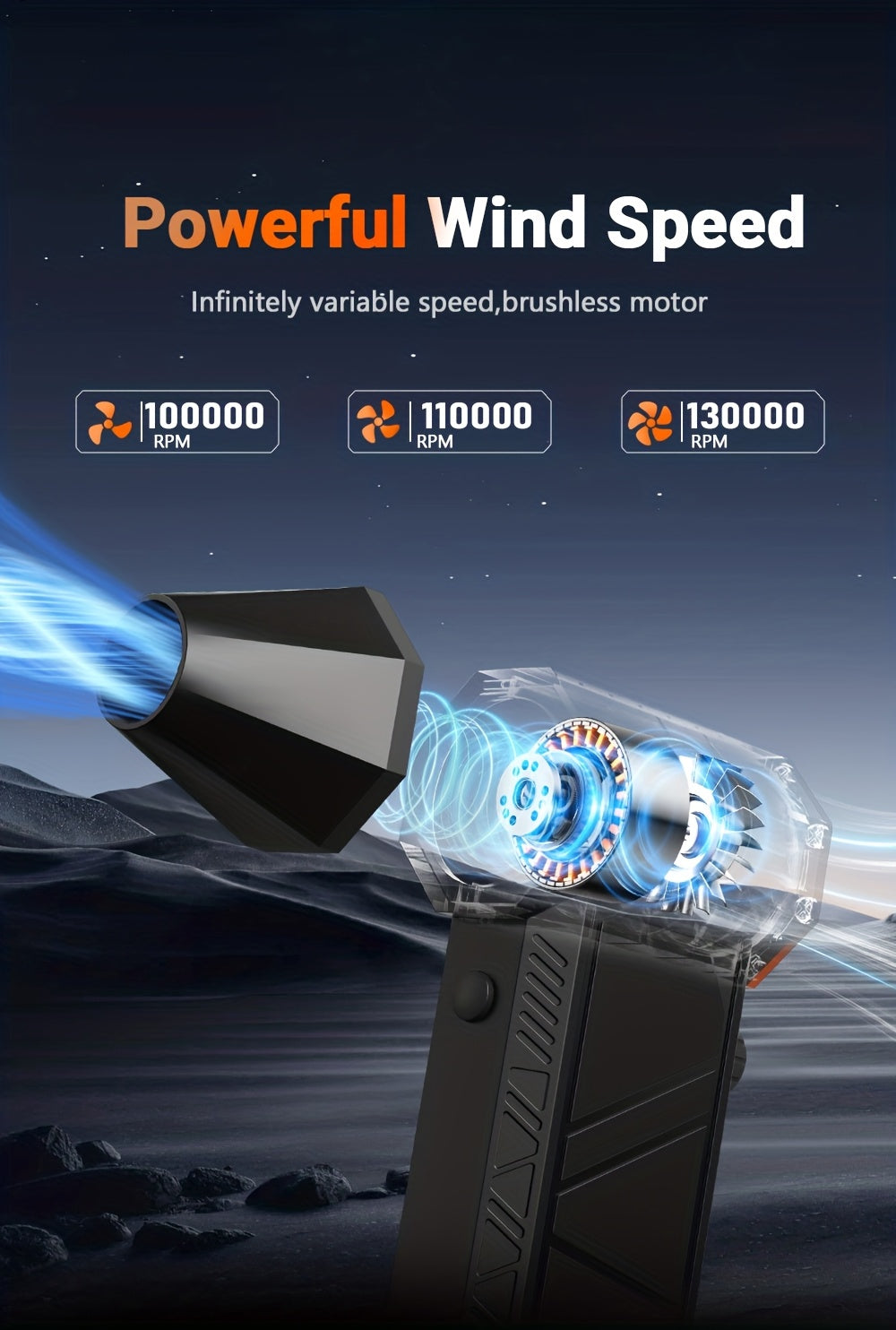 Electric Air Duster 130,000 RPM Cordless Rechargeable | 3-Speed Turbine Fan Air Blower for Keyboard, Computer, Car Interior & Home – Replaces Compressed Air Cans – Black & Orange