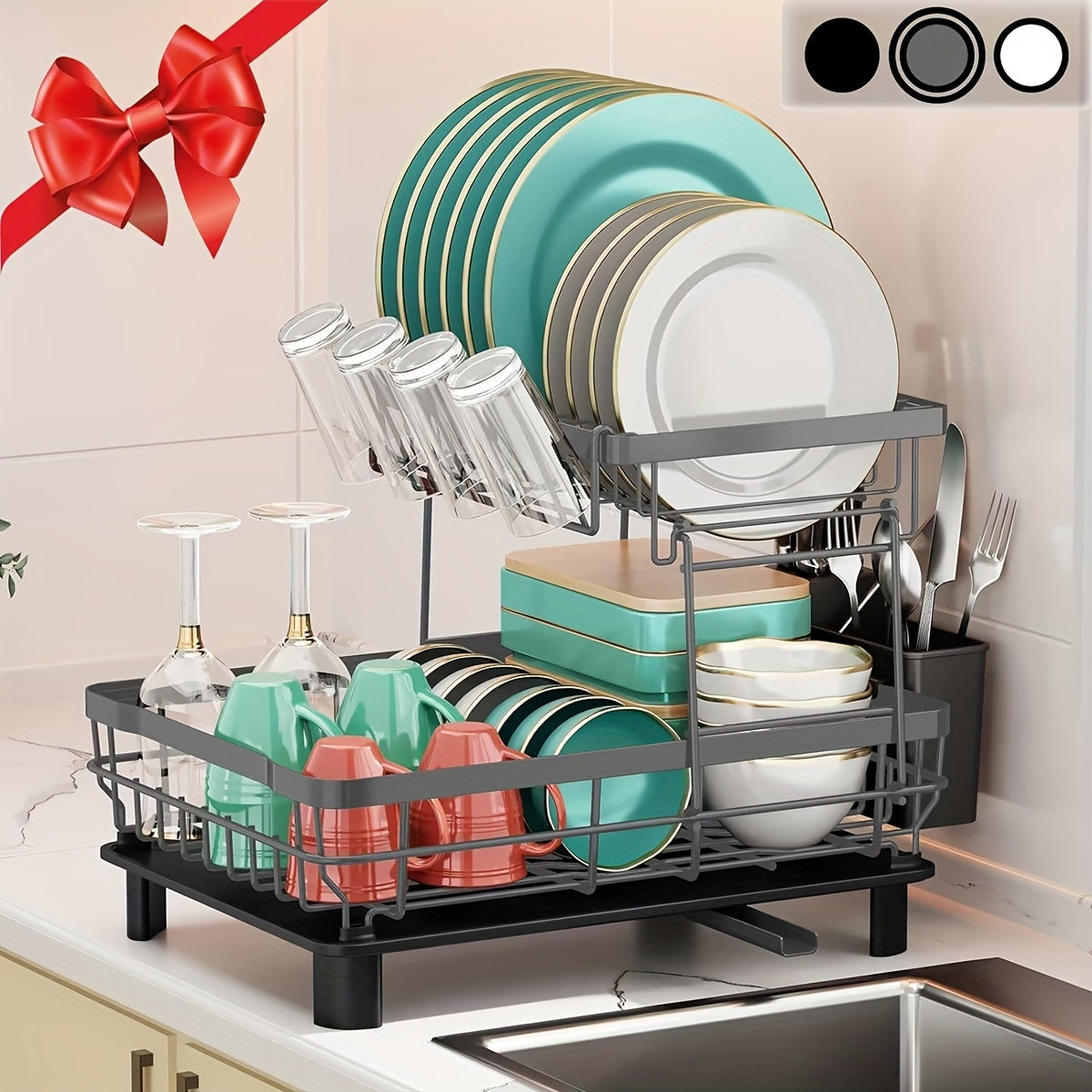 2-Tier Dish Drying Rack with Drainboard & Removable Utensil Holder – Large Capacity Dish Rack for Kitchen Counter, Sink-Side Drying Rack for Dishes, Cookware & Utensils – Space-Saving Design