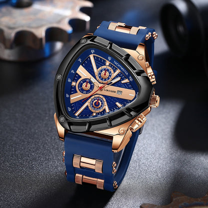 Men's Luxury Quartz Watch Triangular Dial Silicone Band Date Display Chronograph Business Casual Wristwatch 5 Colors