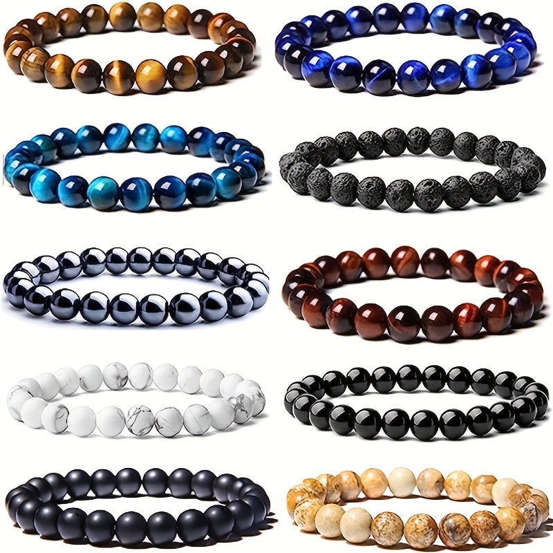 Natural Stone Beaded Bracelet Set 10pcs 8mm Round Elastic for Men Women - Boho Stackable Stretch Bracelets Unisex Healing Crystal Gemstone Wrist Jewelry for Festival, Birthday & Holiday Gift