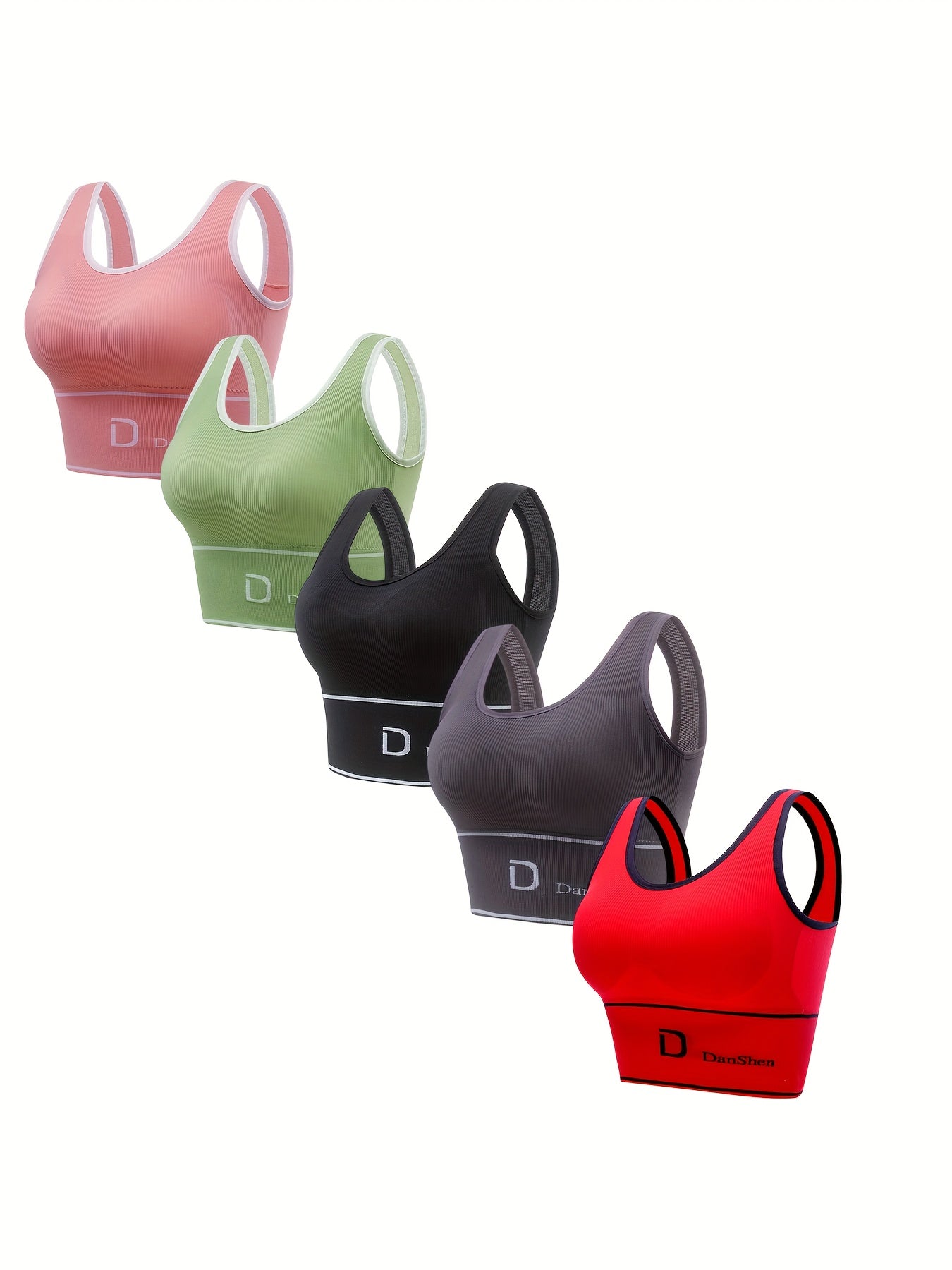 5pcs Wireless Sports Bra Set – Full Coverage High Elasticity Nylon Bra for Yoga Running Gym, Breathable Machine Washable, Mixed Colors, DANSHEER Print, Women's Activewear Bra Pack