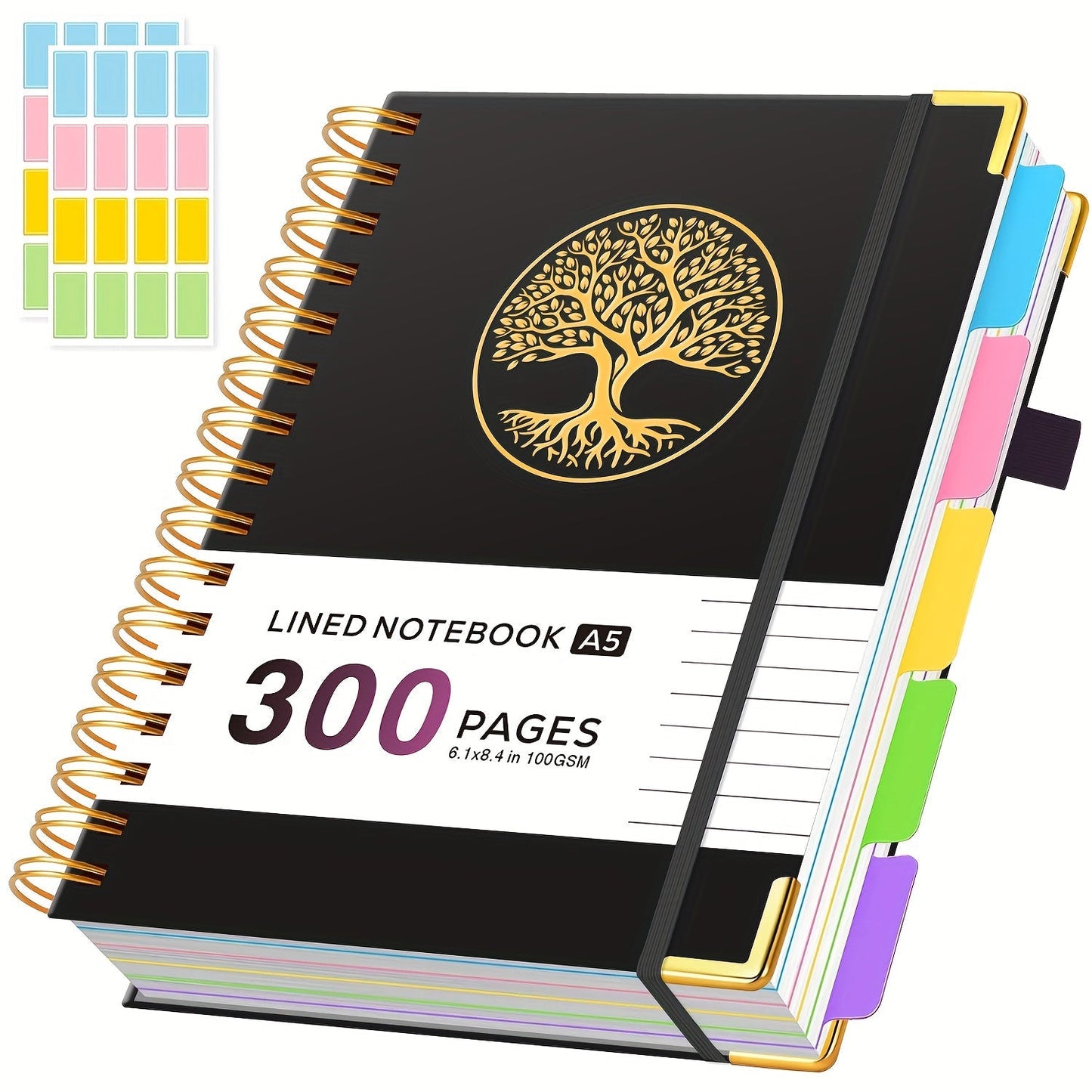A5 Hardcover 5-Subject Spiral Notebook Journal – 300 College-Ruled Pages with Removable Divider Tabs & Pocket, 6.1" x 8.4" Lined Notebook for Work, School & Note Taking, Back to School Supplies