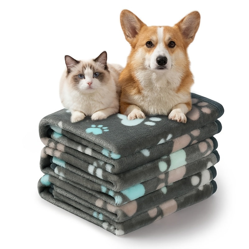 Fleece Pet Blanket 3-Pack for Dogs Cats & Puppies – Super Soft Fluffy Tear-Resistant Flannel Throw, Paw Print Brown Pink White, Machine Washable, Includes Free Pet Drying Towel