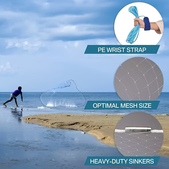 Fishing Cast Net 8FT 10FT for Bait Trapping – Strong Nylon Monofilament Mesh with Heavy Duty Zinc Sinker Weights, Easy Throw Design for American Saltwater & Freshwater Fishing, 240/300 Steel Drop