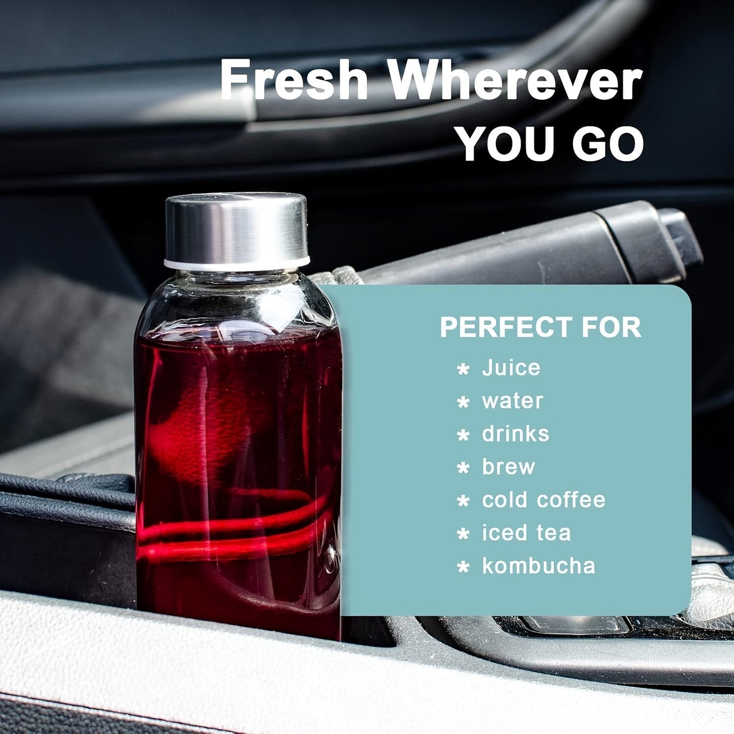 6-Pack 18oz Glass Water Bottles with Lids, Reusable BPA Free Juice Bottles with Stainless Steel Caps, 100% Leak Proof Containers for Refrigerator, Smoothies & Beverages, Includes Cleaning Brush & Funnel