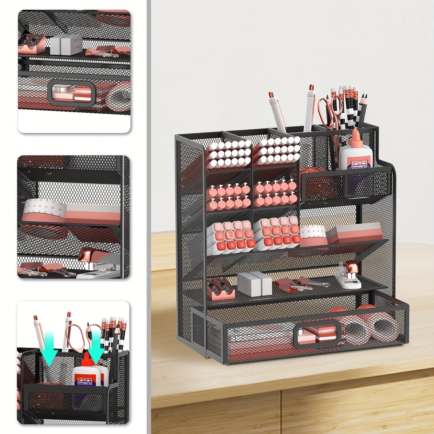 Mesh Desk Organizer with Drawer & Pen Holder – Pencil Cup Storage for Office, School & Art Studio, Breathable Mesh Design, Available in Black, Yellow & Blue
