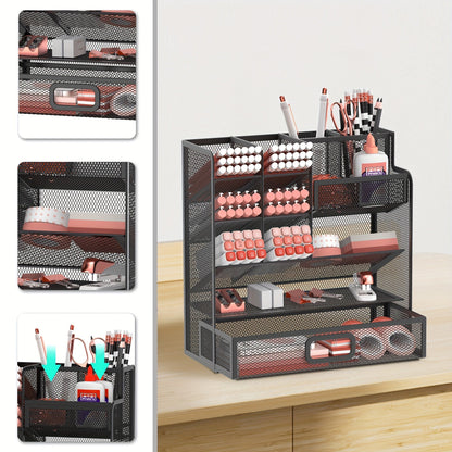 Mesh Desk Organizer with Drawer & Pen Holder – Pencil Cup Storage for Office, School & Art Studio, Breathable Mesh Design, Available in Black, Yellow & Blue