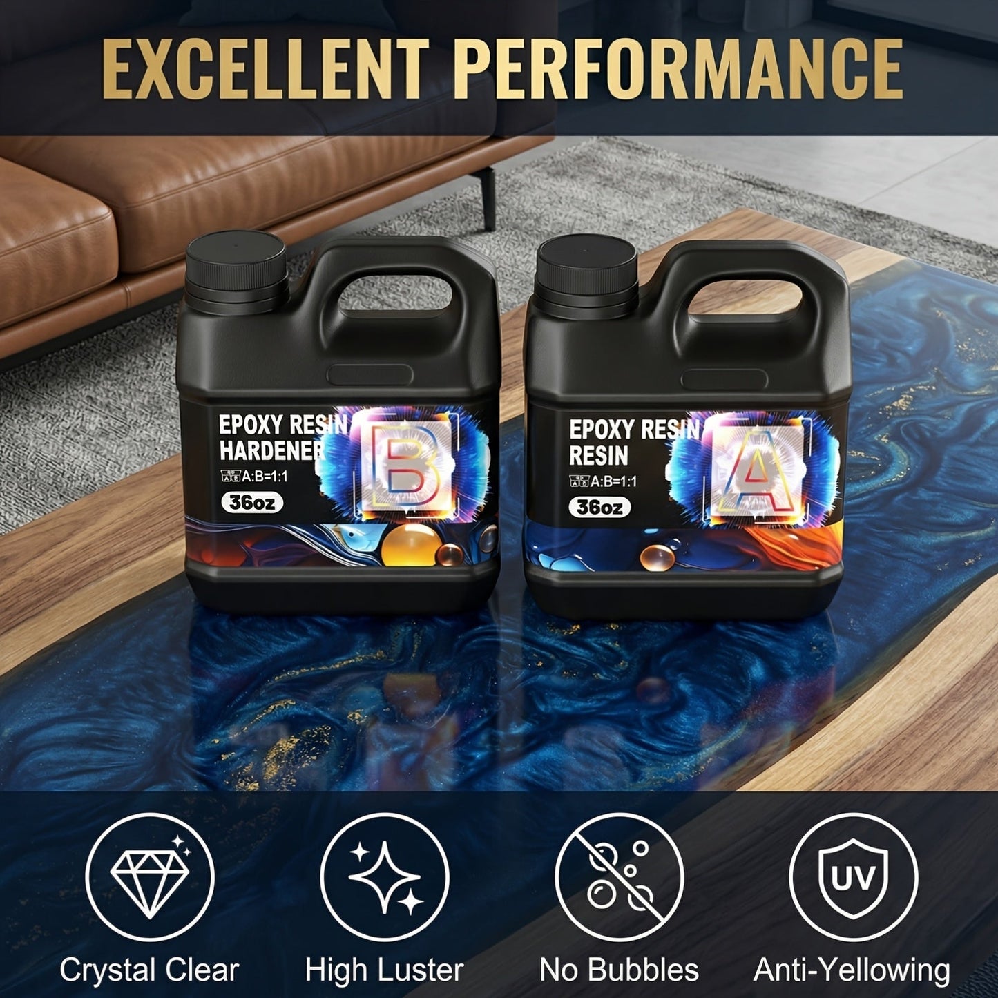 Epoxy Resin Kit Crystal Clear 2-Part Fast-Curing for Casting, Coating, Resin Art, Jewelry Making, Tabletops & Bar Counters – Available in 4oz, 72oz & 1 Gallon with Pump Kit & Glitter Accessories