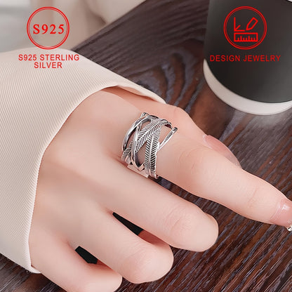 925 Sterling Silver Feather Ring Vintage Hip Hop Infinity Cross Band Fashion Jewelry for Women and Men Sizes 6 7 8 9 10 Daily Wear Gift